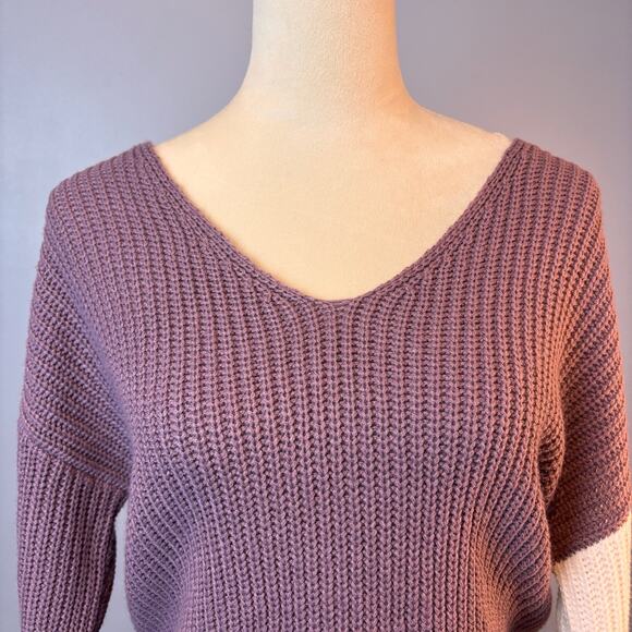 Love Tree Sweater Women's Purple White V-Neck Twist Cross Back Long sleeve - Picture 3 of 7